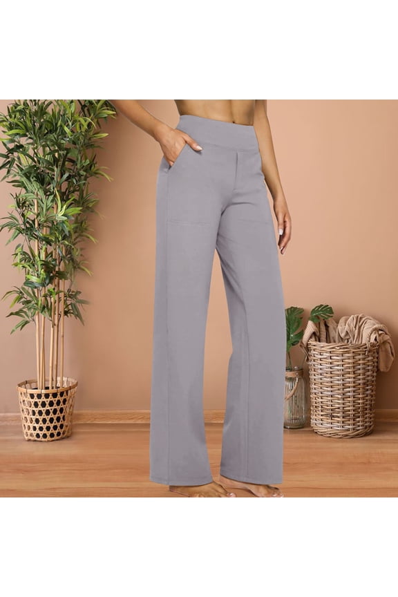 Women's High Waist Straight Leg Pants, Casual Loose Fit Pull-On Pants with Pockets, Solid Color Yoga Inspired Daily Pants for Multiple Occasions, Comfortable Elastic Waist Lounge Pants for Women
