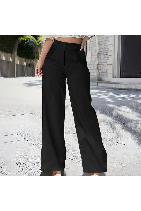 Women's High Waist Straight Leg Pants, Elastic Waist Trousers Slacks, Stretchy Loose Fit Casual Daily, Work Office Business, Lounge Wear | HAODEJW,Black M