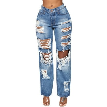 Women's High Waist Straight Leg Ripped Jeans Distressed Denim Pants
