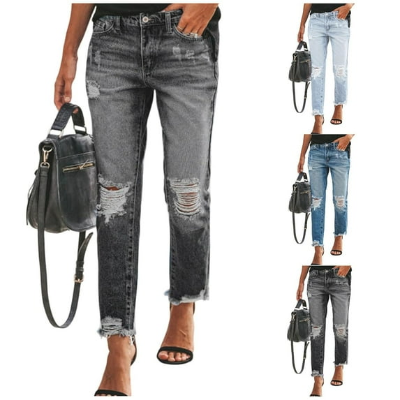 Women's High Waist Straight Leg Ripped Jeans with Holes, Vintage Distressed Denim Pants for Casual Comfort and Everyday Wear, 2025 Fashion Trend Black XL