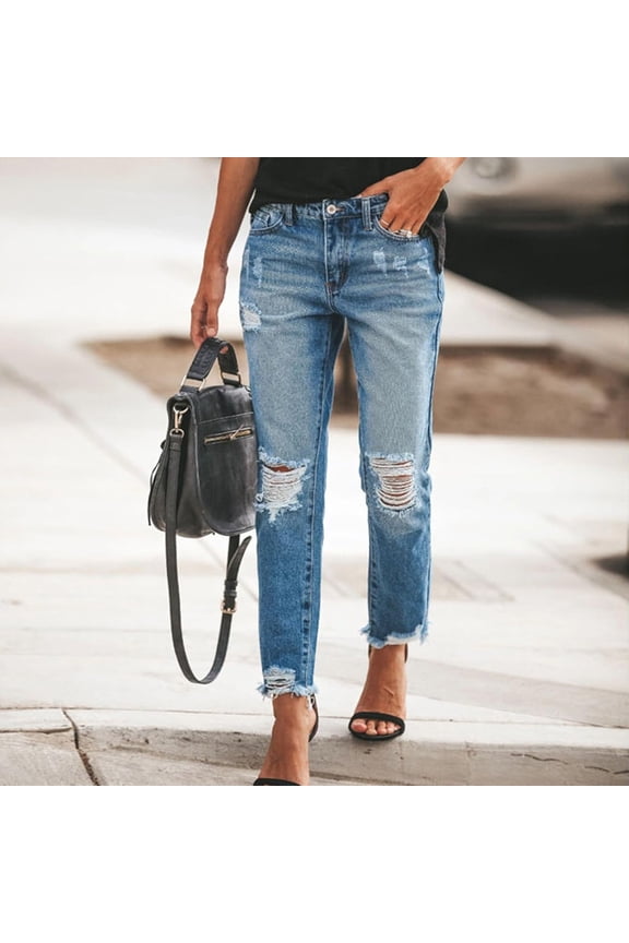 Women's High Waist Straight Leg Ripped Jeans with Holes, Vintage Distressed Denim Pants for Casual Comfort and Everyday Wear, 2025 Fashion Trend Dark Blue M