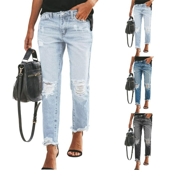 Women's High Waist Straight Leg Ripped Jeans with Holes, Vintage Distressed Denim Pants for Casual Comfort and Everyday Wear, 2025 Fashion Trend Light Blue S