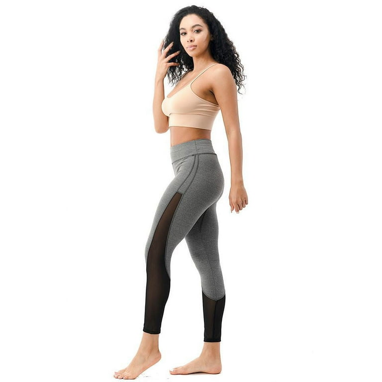 Women's High Waist Stretch Active Leggings Mesh Panel Yoga Workout Pants  Light Grey Black Small