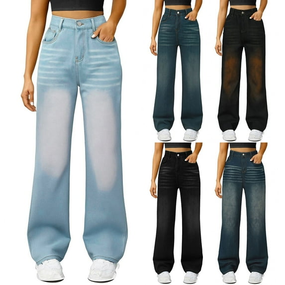 Women's High Waist Stretch Denim Pants Relaxed Fit Wide Leg Jeans with Comfortable Elastic Waist for Casual