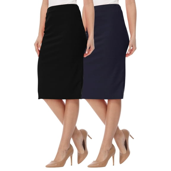 Women's High Waist Stretch Pull On Casual Office Soft Pencil Midi Skirt (Pack of 2)