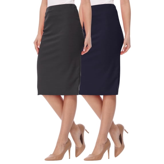 Women's 2 Pack High Waist Stretch Pull On Pencil Midi Skirt Casual Office Soft Fit
