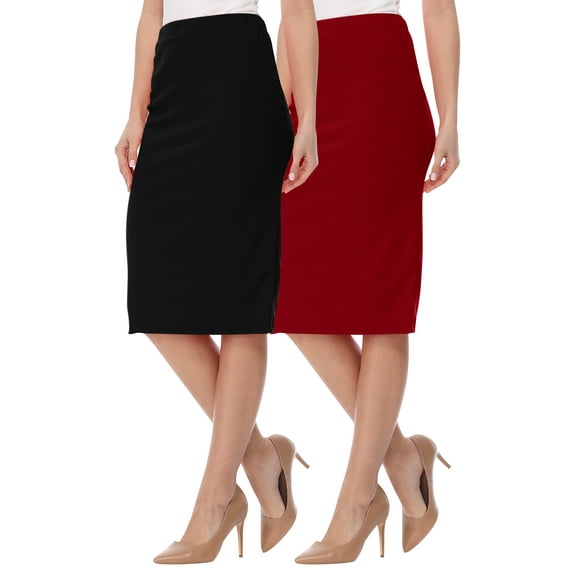 Women's High Waist Stretch Pull On Casual Office Soft Pencil Midi Skirt (Pack of 2)