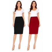 Women's 2 Pack High Waist Stretch Pull On Pencil Midi Skirt Casual Office Soft Fit Skirt