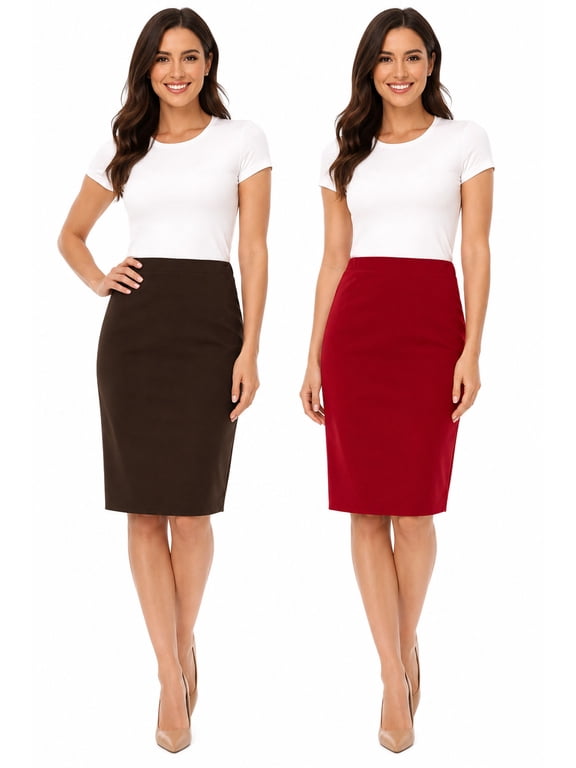 Women's 2 Pack High Waist Stretch Pull On Pencil Midi Skirt Casual Office Soft Fit Skirt
