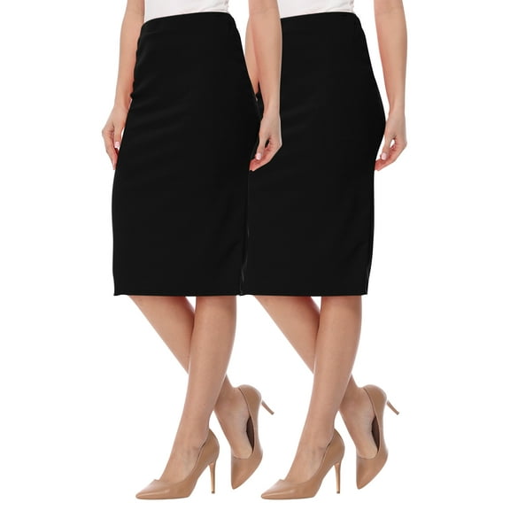 Women's 2 Pack High Waist Stretch Pull On Pencil Midi Skirt Casual Office Soft Fit