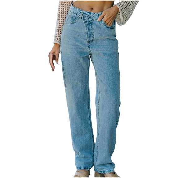 Women's High Waist Stretch Straight Wide Leg Blue Jeans Distressed Comfort Classic Denim Pants Trousers with Pockets