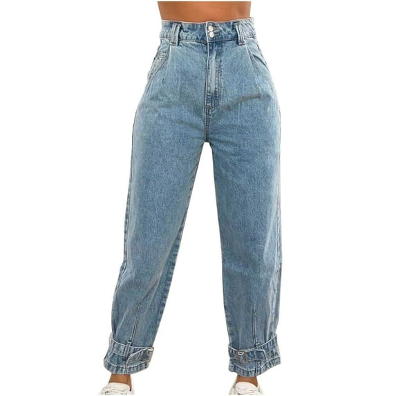 Women's High Waist Stretch Straight Wide Leg Blue Jeans Distressed Comfort Classic Denim Pants Trousers with Pockets