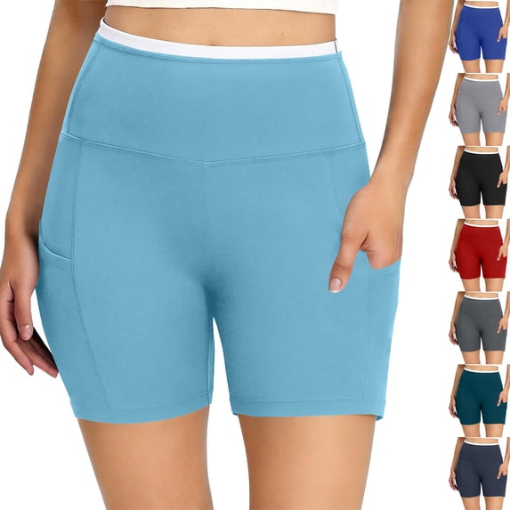 Women's High Waist Stretch Yoga Shorts with Pockets, Tummy Smoothing Workout Shorts for Running, Fitness, or Lounge, Athletic Spandex | CSEONE,Navy L