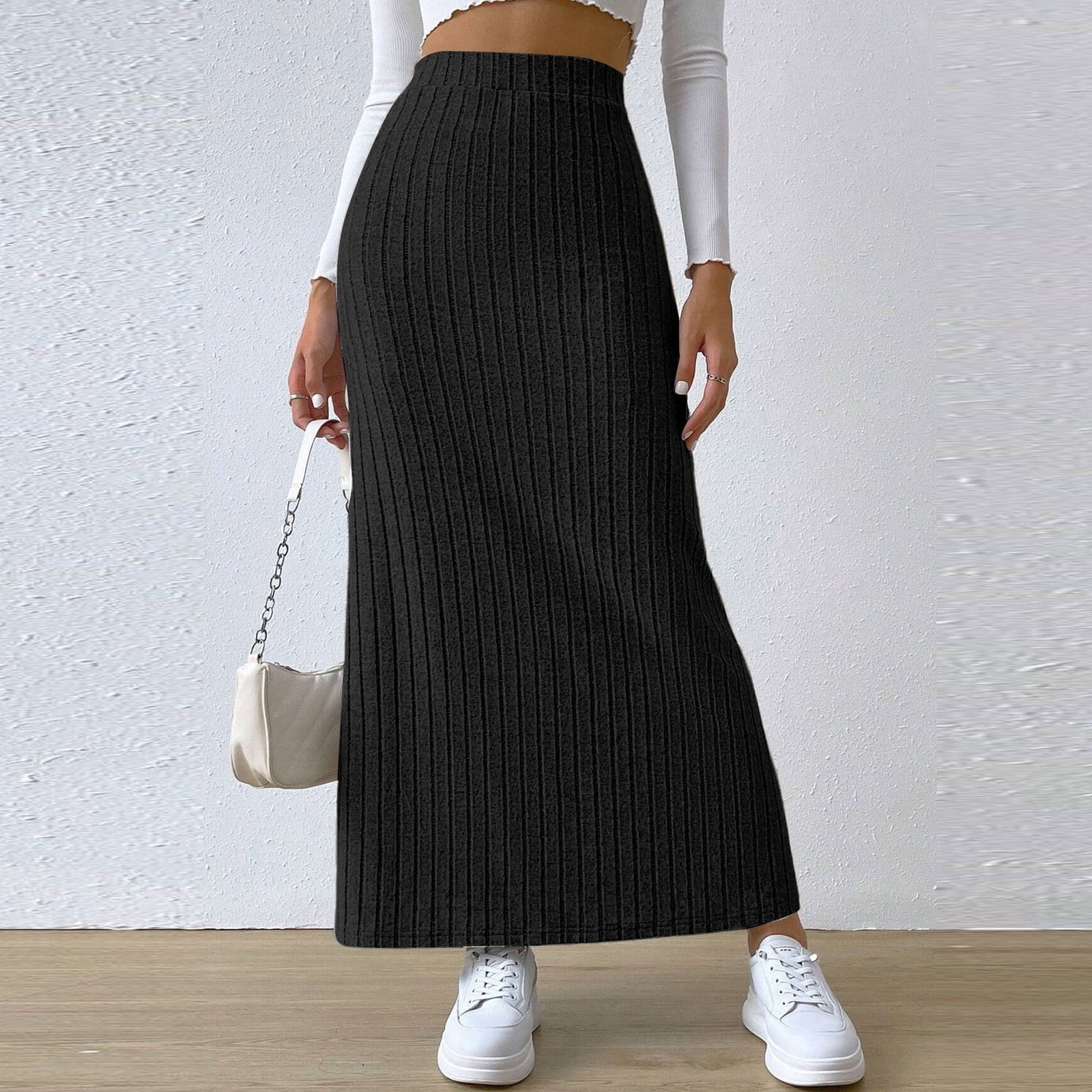 Women's High Waist Stretchy Rib Knit Split Slit Hem Midi Pencil