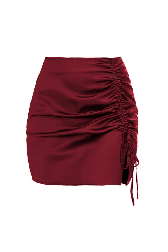 Women's High Waist Stretchy Side Slit Drawstring Ruched Slim Fit Mini Pencil Skirts Short Party Club Skirts