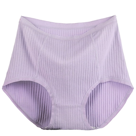 Women's High Waist Striped Underwear Plus Size Breathable Panties, Ribbed Knit Full Coverage Briefs, Soft Stretch Textured Daily Underwear for Women Light Purple 2XL