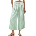 thumbnail image 1 of Women's High Waist Striped Wide Leg Capris Elastic Waist Pleated Breathable Loose Casual Cropped Culottes with Pockets Green S, 1 of 8