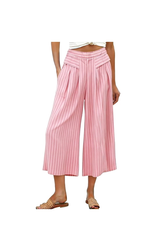 Women's High Waist Striped Wide Leg Capris Elastic Waist Pleated Breathable Loose Casual Cropped Culottes with Pockets S
