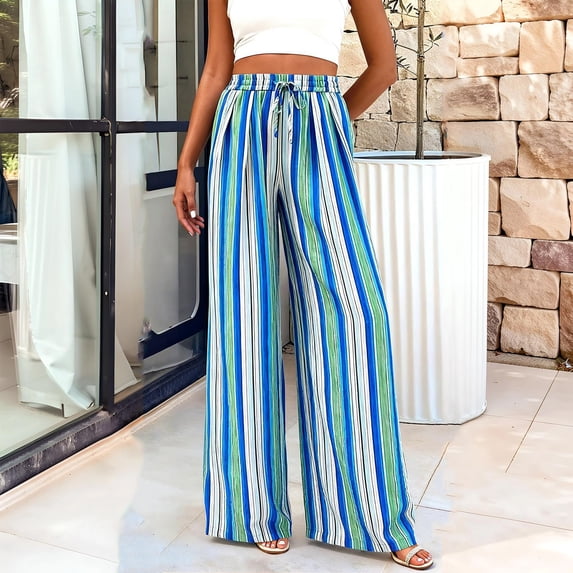 Women's High Waist Striped Wide Leg Palazzo Pants Elastic Waist Flowy Boho Lounge Trousers With Pockets Summer Beach Travel Blue M