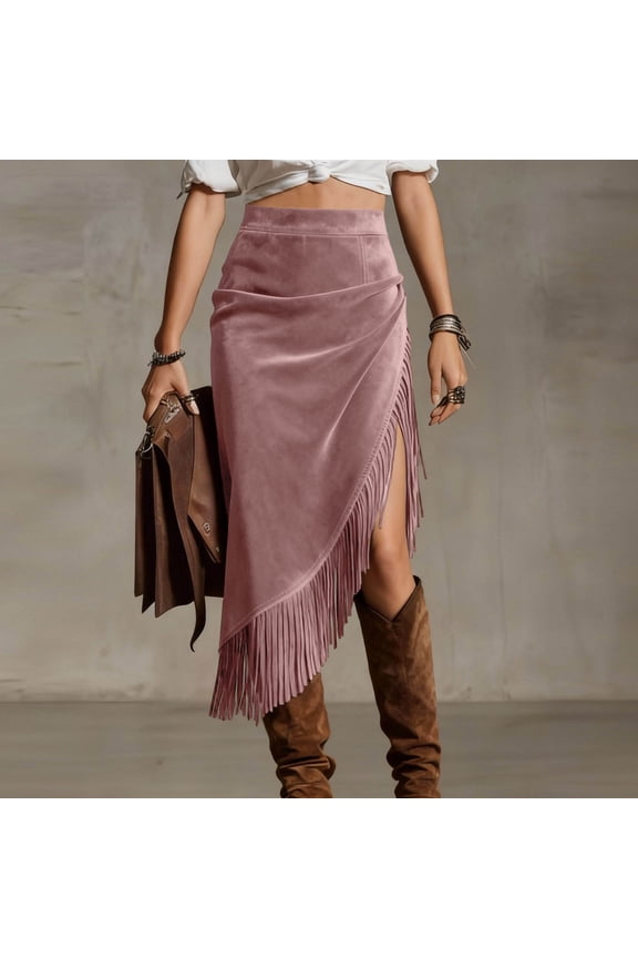 Women's High Waist Suede Midi Skirt Asymmetrical Fringe Wrap Skirt Side Split Western Festival Daily Wear XXL