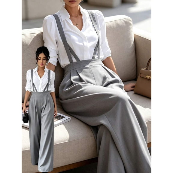 Women's High Waist Suspender Wide Leg Pants, Pleated Draped Palazzo Trousers for Work, Office, Everyday & Business Casual Wear