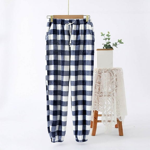 Women's High Waist Sweatpants Winter Fashionable Plaid Print Elastic Waist Drawstring Thickened Velvet Straight Leg Home Pants Navy L