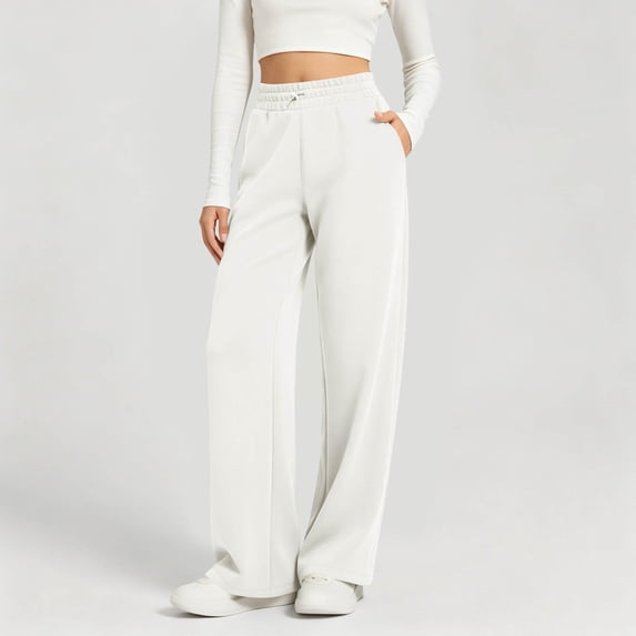 Women's High Waist Thin Drawstring Wide Leg Sweatpants,Loose Casual Track Pants with Pockets,White,Women's Plus Size XL