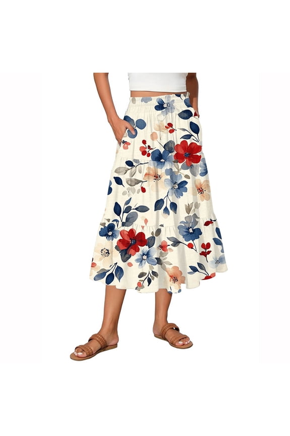 Women’s High Waist Tiered A Line Midi Skirt with Elastic Waistband and Floral Print Suitable for Daily Wear and Outings Multicolor 2XL