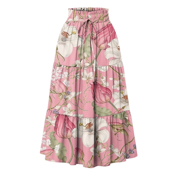 Women’s High Waist Tiered Long Skirt with Drawstring Floral Print Elastic Waistband Lightweight Flowing Design Pink M