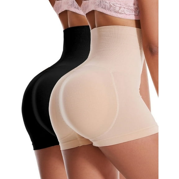 GAI YI Women's High Waist Tummy Control & Butt Lift Shapewear Boyshorts, 2-Pack Hip Enhancer Underwear, Breathable Comfort, ( Black Skin S)
