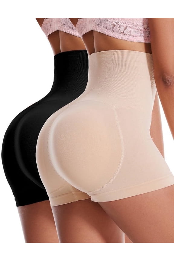 Women's High Waist Tummy Control & Butt Lift Shapewear Boyshorts, 2-Pack Hip Enhancer Underwear, Breathable Comfort( Black+Skin XL)