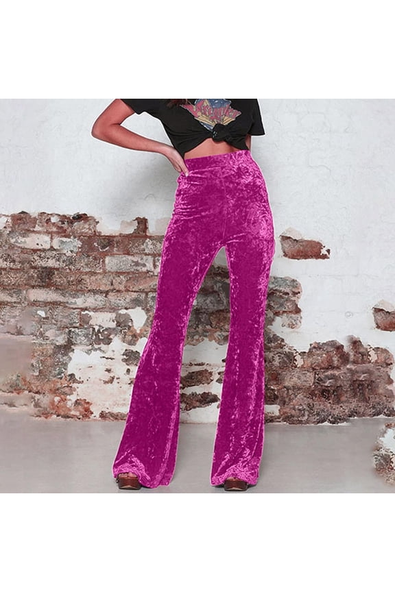 Women's High Waist Velvet Flare Pants, Wide Leg Casual Trousers, Loose Fit Palazzo Pants for Fall, Date Night, Going Out and Daily Chic Wear Hot Pink S