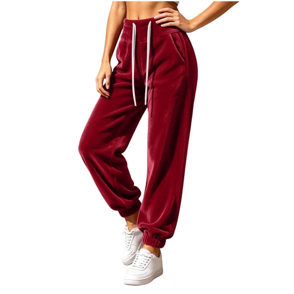 Women's High Waist Velvet Jogger Sweatpants, Ghalytn Drawstring Elastic Waist Soft Velour Casual Pants with Side Pockets