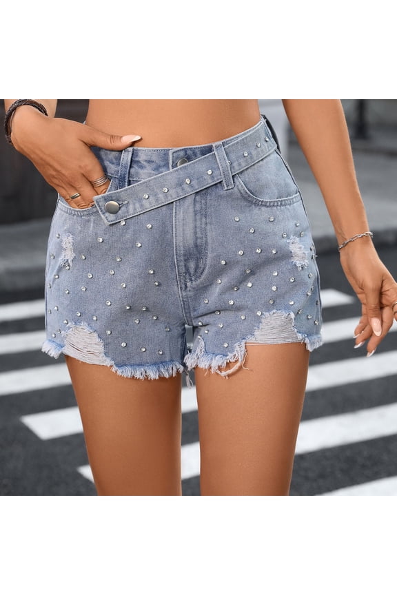 Women's High Waist Washed Denim Shorts Distressed Studded Rhinestone Design Slim Fit Casual Summer Style Fashion Jean Shorts With Functional Pockets Blue M
