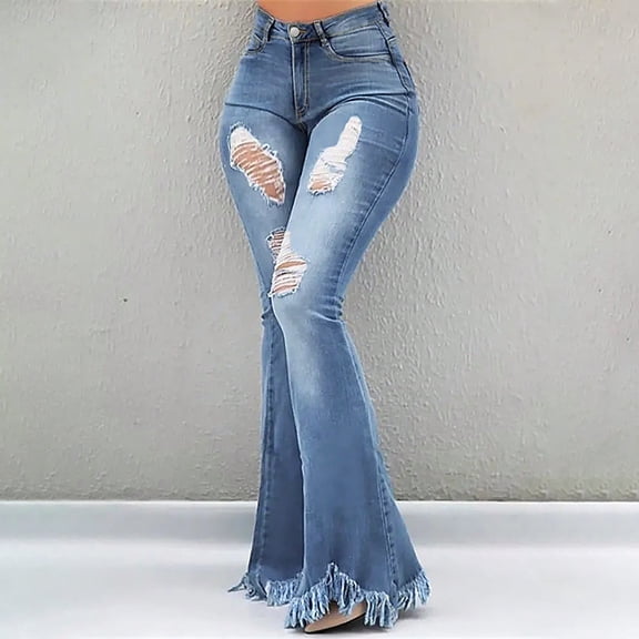 Women's High Waist Washed Flare Leg Jeans, Fashion Versatile Denim Pants for Women, Mid Stretch Comfort Fit Jeans, Casual Vintage Style,Blue,S