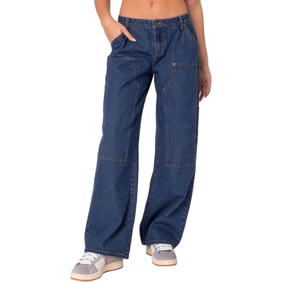 Women's High Waist Washed Jeans - Loose Straight-Leg Versatile Non-Stretchy Denim Pants, Blue Size M