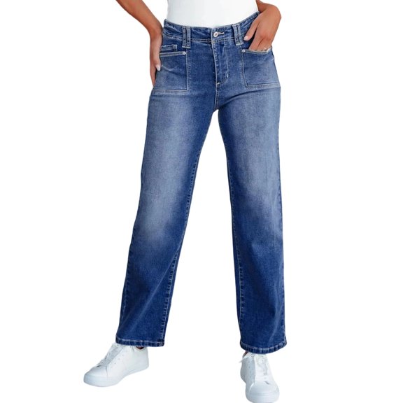 Women's High Waist Washed Jeans - Loose Straight-Leg Versatile Slight Stretch Denim Pants, Blue Size S
