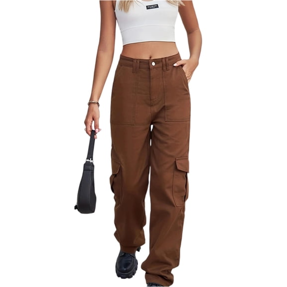 Women's High Waist Washed Straight-Leg Jeans - Solid Color Versatile Non-Stretchy Casual Pants, Brown Size M