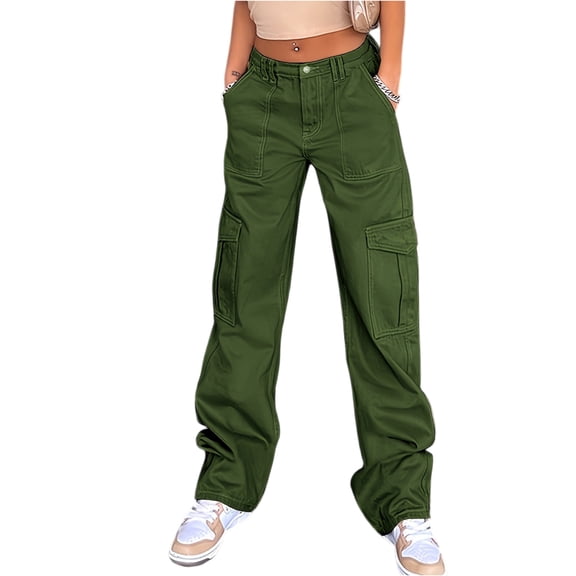 Women's High Waist Washed Straight-Leg Jeans - Solid Color Versatile Non-Stretchy Casual Pants, Dark Green Size S