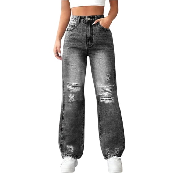 Women's High Waist Washed Wide-Leg Jeans - Loose Ripped With Side Pockets Non-Stretchy Casual Pants, Black Size S