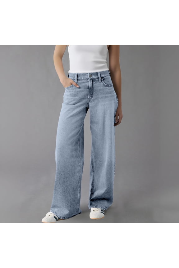 Women's High Waist Wide Leg Baggy Jeans with Stretch Comfort Fit and Pull-On Button Fly Design Medium Blue Wash Denim Pants for Casual Daily Wear Street Style and Weekend Outings Light Blue XS