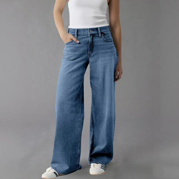 Women's High Waist Wide Leg Baggy Jeans with Stretch Comfort Fit and Pull-On Button Fly Design Medium Blue Wash Denim Pants for Casual Daily Wear Street Style and Weekend Outings A L