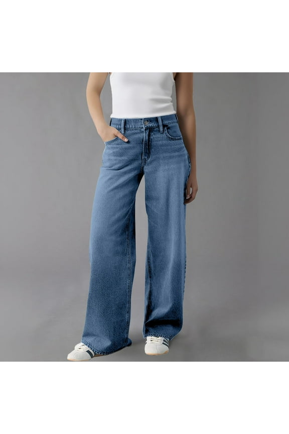 Women's High Waist Wide Leg Baggy Jeans with Stretch Comfort Fit and Pull-On Button Fly Design Medium Blue Wash Denim Pants for Casual Daily Wear Street Style and Weekend Outings A L