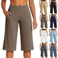 thumbnail image 1 of Women's High Waist Wide Leg Capri Pants Stretchy Workout Yoga Trousers Casual Athletic Lounge Pants with Pockets & Side Slits Coffee S, 1 of 7