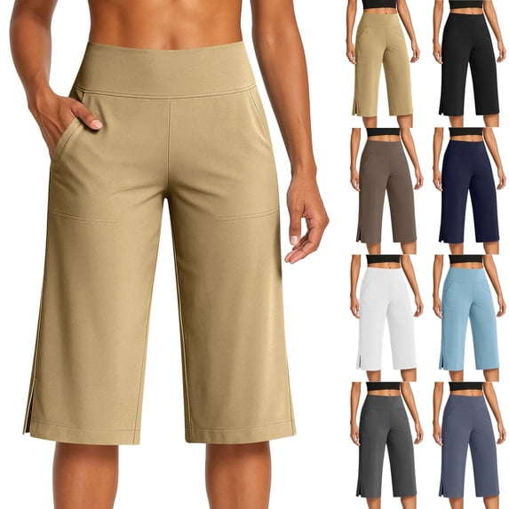 Women's High Waist Wide Leg Capri Pants Stretchy Workout Yoga Trousers Casual Athletic Lounge Pants with Pockets & Side Slits Khaki S
