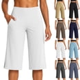 thumbnail image 1 of Women's High Waist Wide Leg Capri Pants Stretchy Workout Yoga Trousers Casual Athletic Lounge Pants with Pockets & Side Slits White XL, 1 of 7