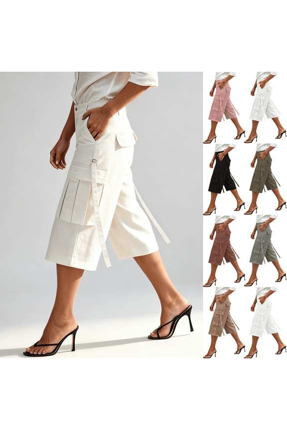 Women's High Waist Wide Leg Cargo Trousers, Casual Cropped Pants with Pockets & Ribbon Detail – RELAXED FIT for Work, Travel & Daily Wear | TOPLIU,Army Green XL