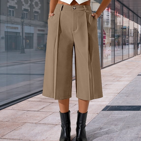 Women's High Waist Wide Leg Cropped Pants, Pleated Front with Pockets, Business Casual Capri Trousers for Summer Office or Daily Wear, Breathable and Lightweight Khaki XL