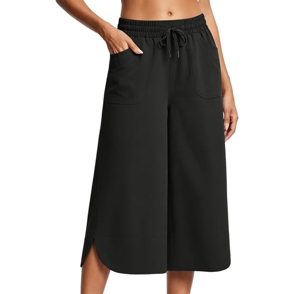 Women's High Waist Wide Leg Culotte Pants Elastic Drawstring Waist Casual Loose Fitting Cropped Trousers Black XXL