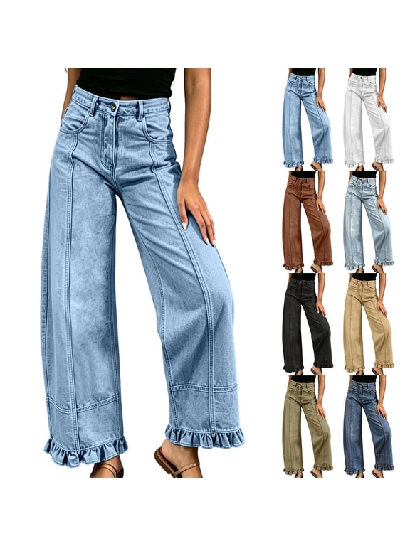 Women's High Waist Wide Leg Denim Pants, Solid Color Ruffle Hem Jeans with Front Seam Detail, Trendy Casual Loose Fit Baggy Trousers with Pockets for Ladies All Season